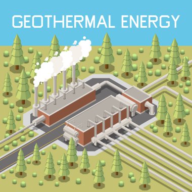 Geothermal power station renewable energy sources isometric background 3d vector illustration