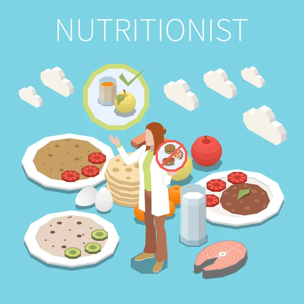 Nutritionist Isometric Composition Female Specialist Healthy Meals Blue Background Vector — Archivo Imágenes Vectoriales