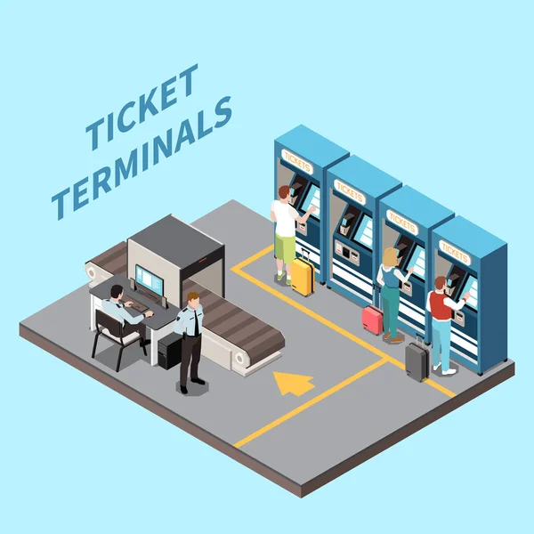 People Luggage Using Touch Screen Terminals Buy Tickets Train Station — Image vectorielle