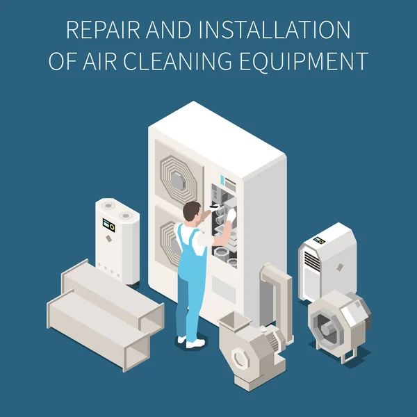 Repair Installation Air Cleaning Conditioning Equipment Isometric Composition Male Maintenance — Image vectorielle