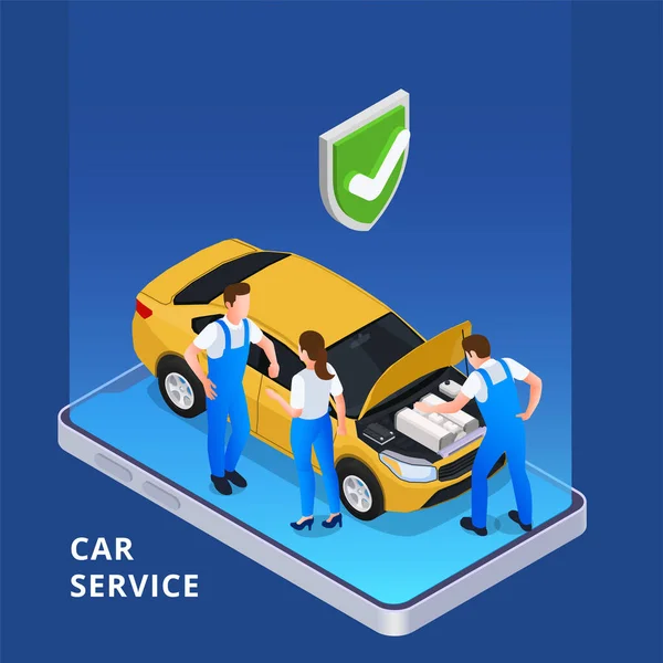 Car Service Isometric Background Specialists Examining Engine Passenger Automobile Owned — Vettoriale Stock