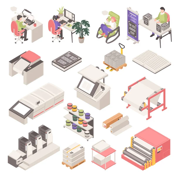 Isometric Publishing House Icons Set Book Printing Process Isolated Vector — Stockvector
