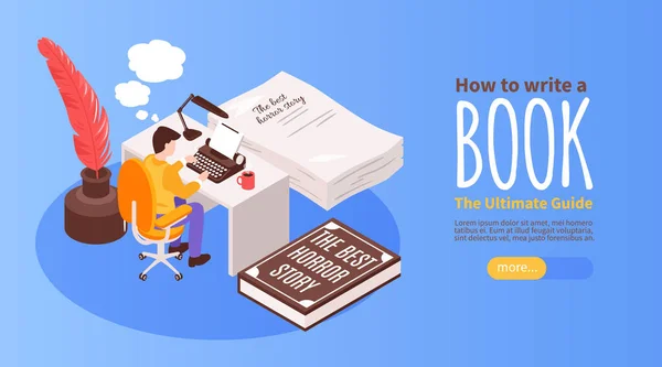 Isometric Writer Concept Man Sitting Front Typewriter Vector Illustration — Archivo Imágenes Vectoriales