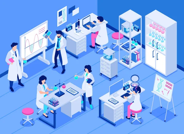 Isometric Scientific Laboratory Concept Scientists Making Researches Lab Vector Illustration — Wektor stockowy