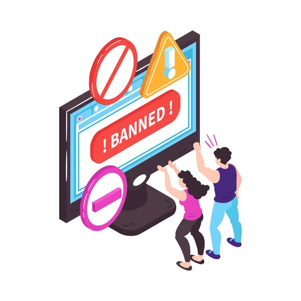 Isometric Banned Website Concept Worried Users Front Computer Monitor Vector — Stock Vector