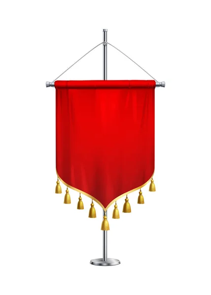 Blank Red Satin Pennant Golden Fringe Steel Pole Realistic Vector — Archivo Imágenes Vectoriales