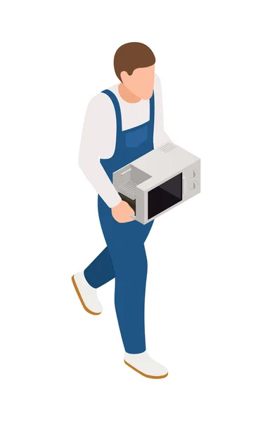 Isometric Faceless Character Serviceman Uniform Carrying Microwave Oven Vector Illustration — 图库矢量图片