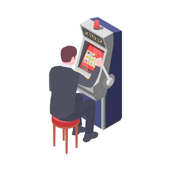 Man Playing Slot Machine Casino Isometric Vector Illustration — Stock vektor