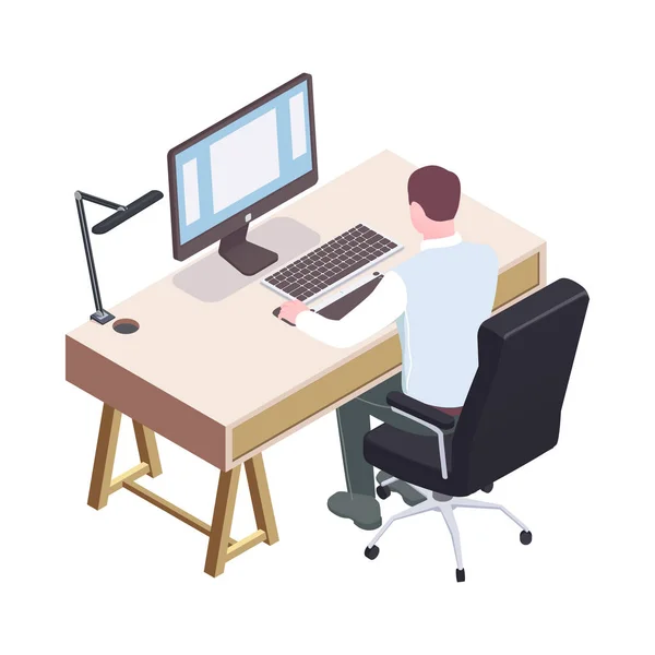 Isometric Male Office Employee Working Computer Back View Vector Illustration — Stok Vektör