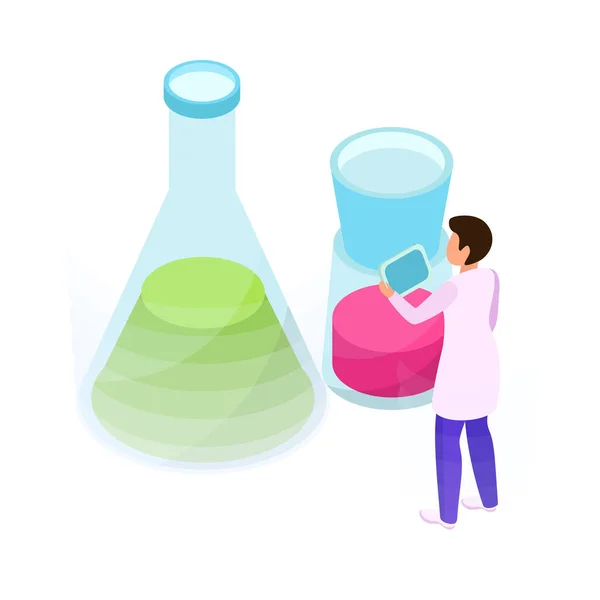 Isometric Scientist Carrying Out Science Research Two Flasks Vector Illustration — Vetor de Stock