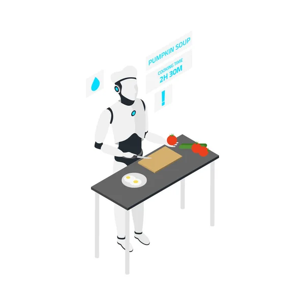 Isometric Intelligent Home Robot Cooking Soup Kitchen Vector Illustration — Stockový vektor
