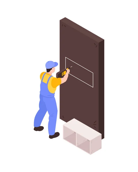 Home Renovation Worker Making Holes Drill Hang Shelves Isometric Vector — 스톡 벡터