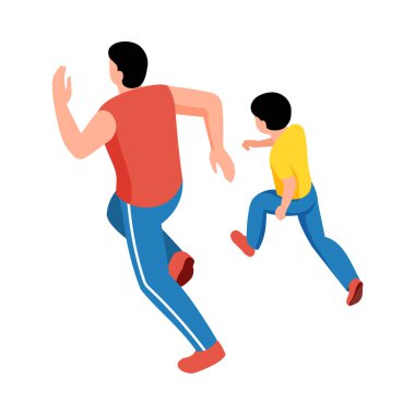 Father jogging together with his son 3d isometric vector illustration