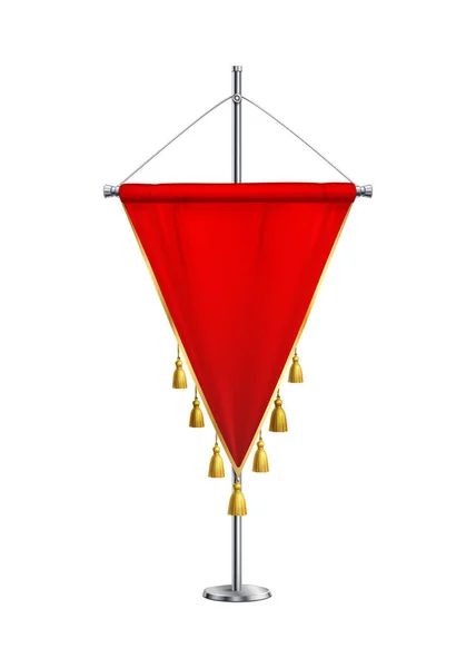 Red Triangular Satin Pennant Golden Tassels Steel Spire Pedestal Realistic — Vettoriale Stock