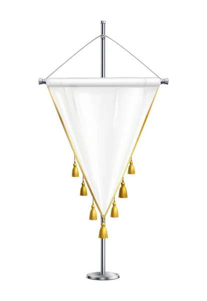 White Triangular Satin Pennant Golden Tassels Spire Pedestal Realistic Vector — Vetor de Stock