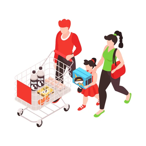 Сім Робить Покупки Супермаркеті Ізометричні Векторні Ілюстрації — стоковий вектор