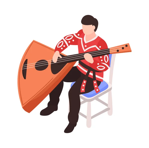 Isometric Man National Costume Playing Double Bass Balalaika Vector Illustration — Vector de stock