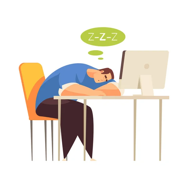 Tired Man Freelancer Programmer Sleeping His Desk Front Computer Cartoon —  Vetores de Stock