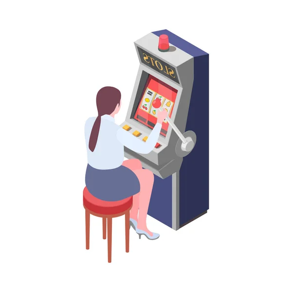 Isometric Woman Playing Slot Machine Casino Vector Illustration — Stockový vektor