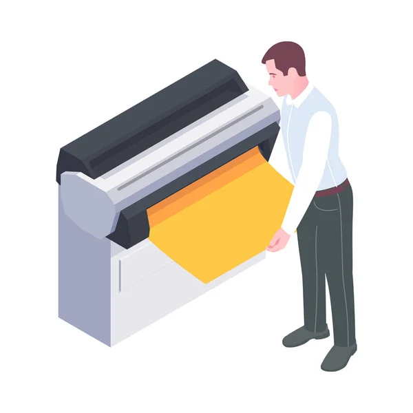 Advertising Agency Staff Isometric Icon Man Printing Yellow Poster Vector — Stok Vektör