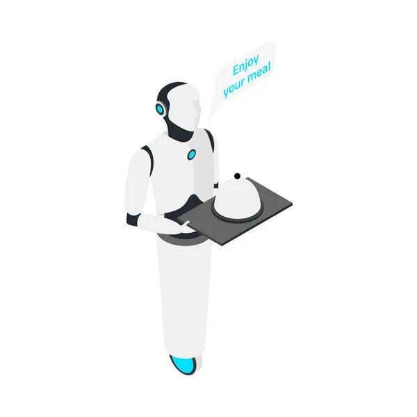 Ізометричний Робот Офіціант Або Домашній Помічник Тримає Лоток Їжею Спілкування — стоковий вектор