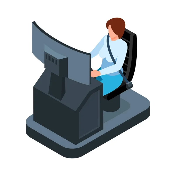 Isometric Woman Using Driving Car Simulator Vector Illustration — Vetor de Stock