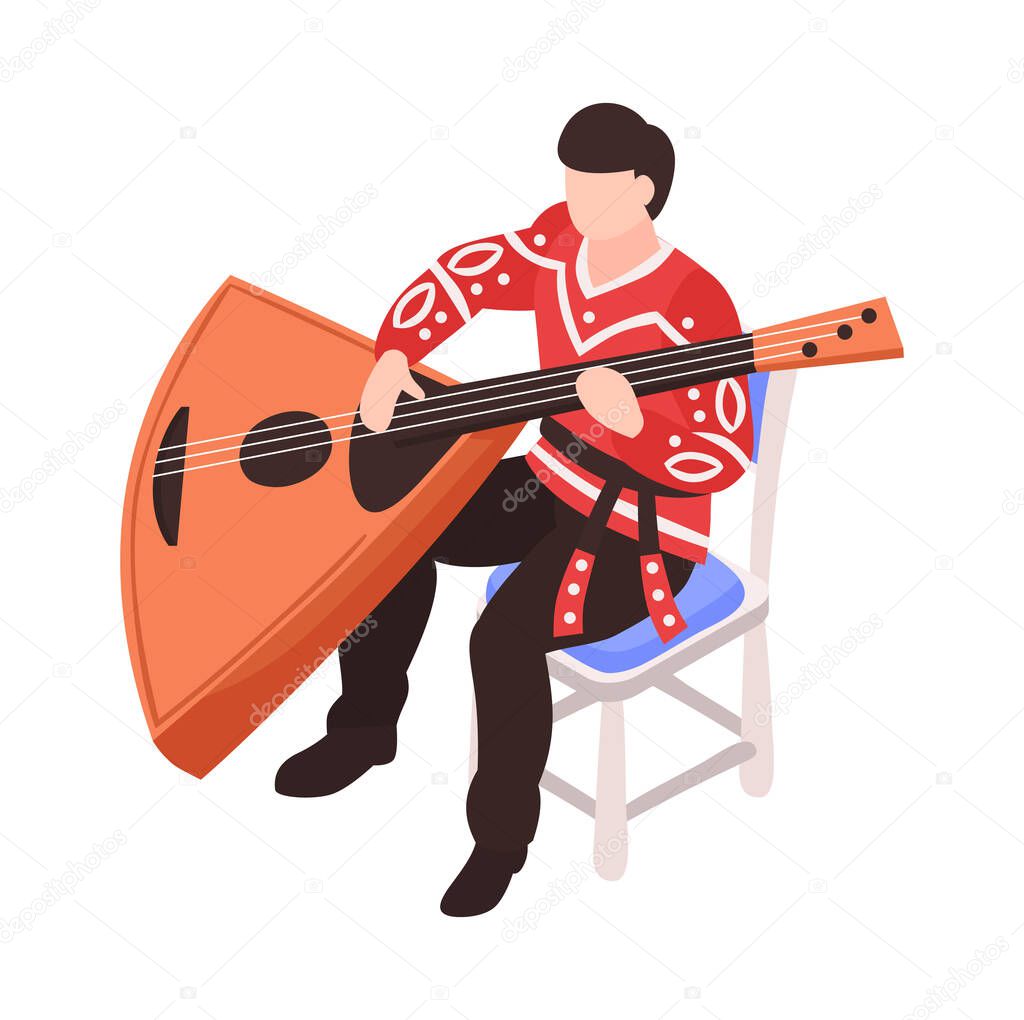 Isometric man in national costume playing double bass balalaika 3d vector illustration