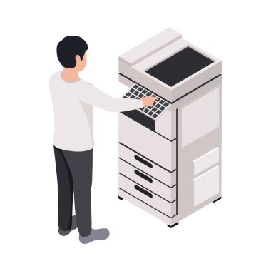 Isometric worker using equipment in printing house 3d vector illustration
