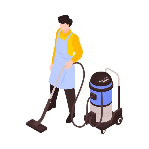 Isometric Cleaning Service Worker Uniform Hoovering Floor Vector Illustration — Vetor de Stock