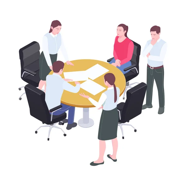 Business Teamwork Isometric Concept People Brainstorming Table Office Vector Illustration — Stockvektor