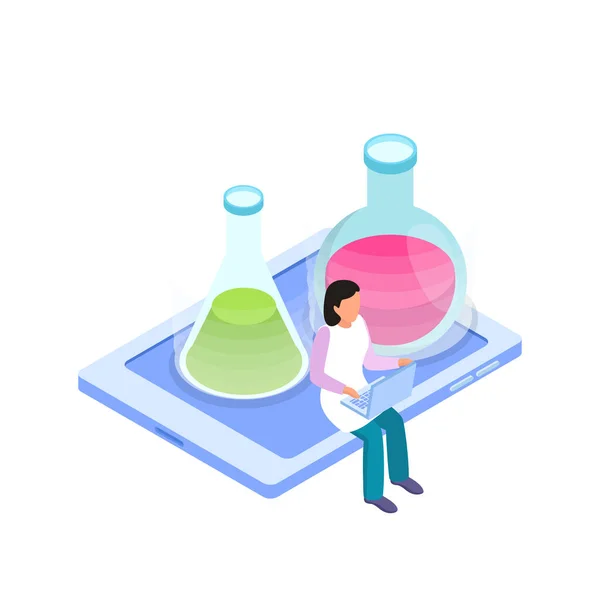 Science Research Isometric Icon Scientist Working Computer Two Flasks Liquid — Stock Vector