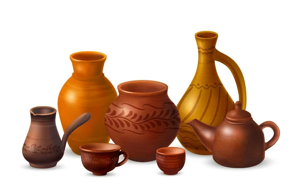Realistic Clay Kitchenware Composition Set Various Pieces Dishware Jars Pots — Vetor de Stock