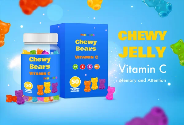Realistic Chewy Jelly Vitamin Poster Background Product Packages Editable Text — Stockový vektor