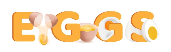 Eggs Cook Realistic Text Composition Orange Big Letters Boiled Raw — Archivo Imágenes Vectoriales