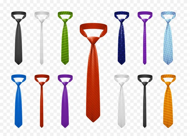 Elegant Neckties Different Colors Realistic Set Isolated Transparent Background Vector — Stockový vektor