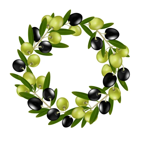 Realistic Black Green Olives Wreath Leaves White Background Vector Illustration — Stock Vector