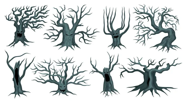 Halloween Spooky Trees Leafless Branches Flat Set Isolated White Background — Stock vektor