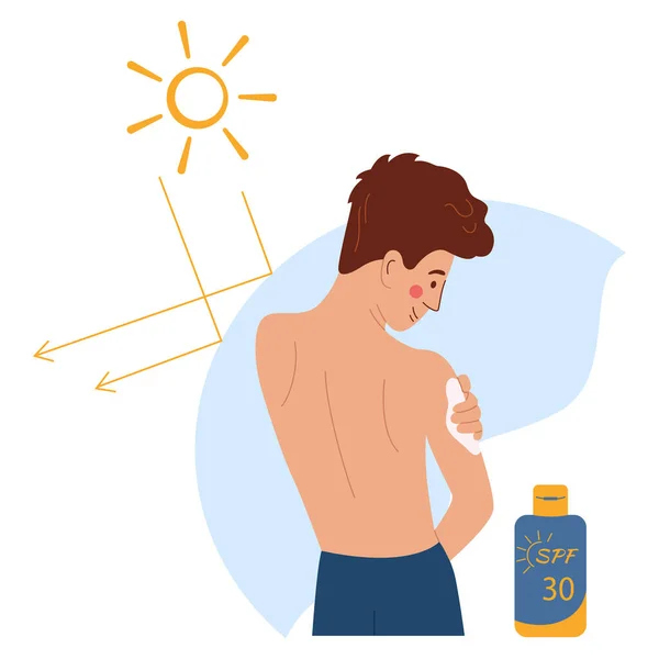 Sun Protection Flat Background Composition Young Man Character Applying Cream — Stok Vektör