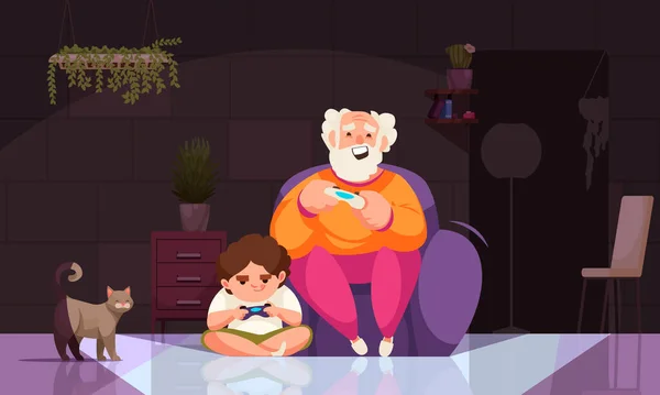 Grandfather Playing Video Games Grandson Indoors Cartoon Vector Illustration — Image vectorielle