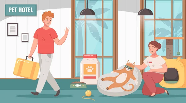 Pet Hotel Cartoon Background Owner Cat Leaving His Pet Care — Stock vektor