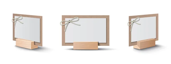 Cardboard Empty Place Cards Decorated Rope Bow Wooden Holder Realistic — Stok Vektör