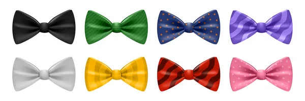 Realistic Bow Tie Set Eight Accessories Different Colors Patterns Isolated — ストックベクタ