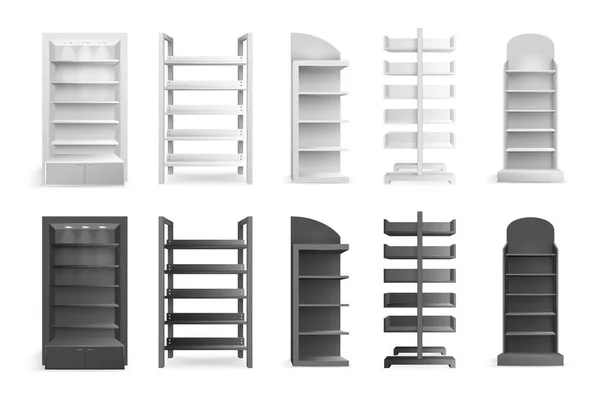 Realistic Shelving Set White Black Empty Shelves Racks Different Styles — Vettoriale Stock