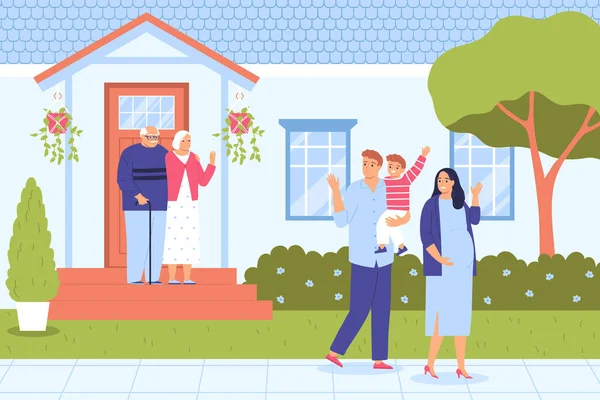 Family Little Boy Leaving Home Waving Senior Parents Standing Porch — Stockový vektor