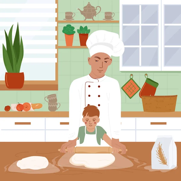 Childish Cooking School Design Concept Professional Chef Teaching Little Boy — 图库矢量图片
