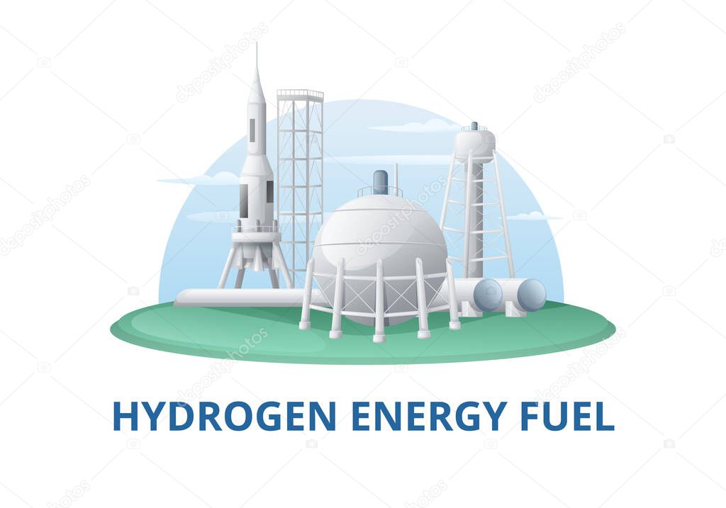 Green hydrogen energy fuel generation cartoon background composition with text and industrial buildings with rocket pad vector illustration