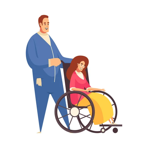 Happy Male Nurse Helping Disabled Woman Wheelchair Flat Vector Illustration —  Vetores de Stock