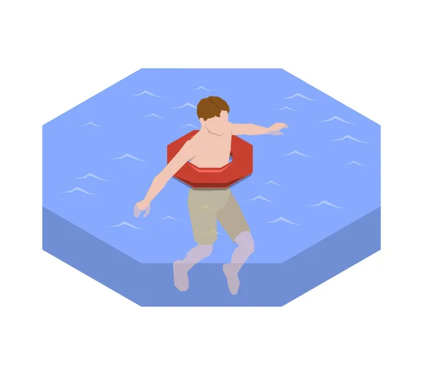 Isometric Person Swimming Inflatable Ring Vector Illustration —  Vetores de Stock