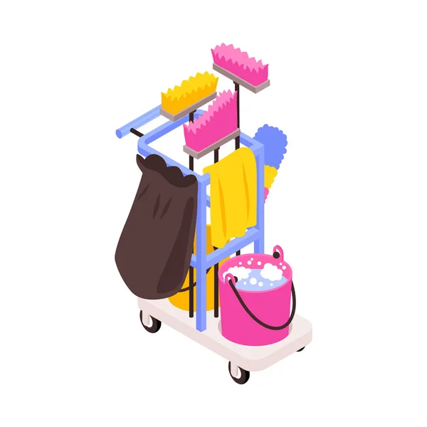 Isometric Cleaner Trolley Bucket Towel Brushes Vector Illustration — Image vectorielle