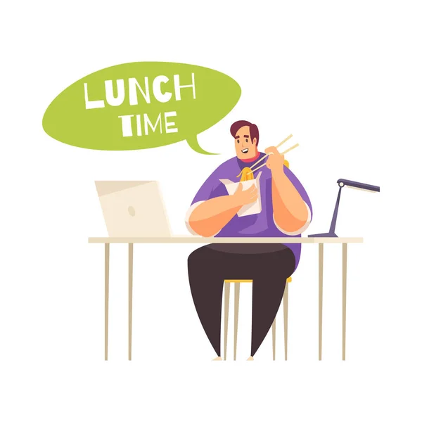 Cartoon Happy Man Freelancer Having Noodles Lunch While Sitting Front — Vector de stock